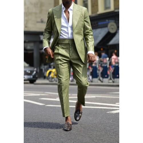 Fashion Green Mens Suits 2 Piece Beach Groomsmen Wedding Tuxedos For Party Men Formal Prom Suit (Jacket+Pants) Chic Streetwear