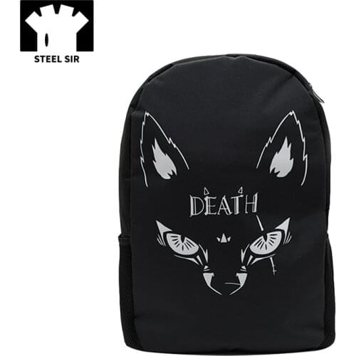 Punk Fashion Men Women Backpack Black Canvas Bag Printing Zipper Travel Bag