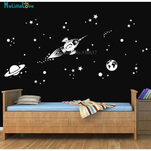 Rocket Ship Outer Space Decor Planet Stars Nursery Baby Room Home Decal Removable Vinyl Wall Sticker Murals BD004