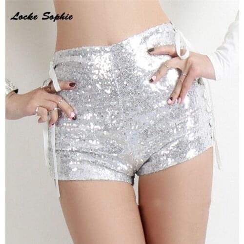 1pcs High waist Womens Sexy super shorts 2021 Summer cotton Sequins Splicing Bandage shorts Ladies Skinny club super shorts