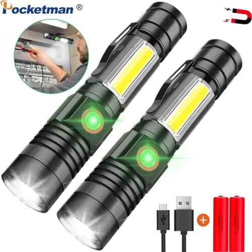 USB Rechargeable Flashlight 15000 Lumens Super Bright Magnetic LED Torch with Cob Sidelight a pocket clip Zoomable for Camping