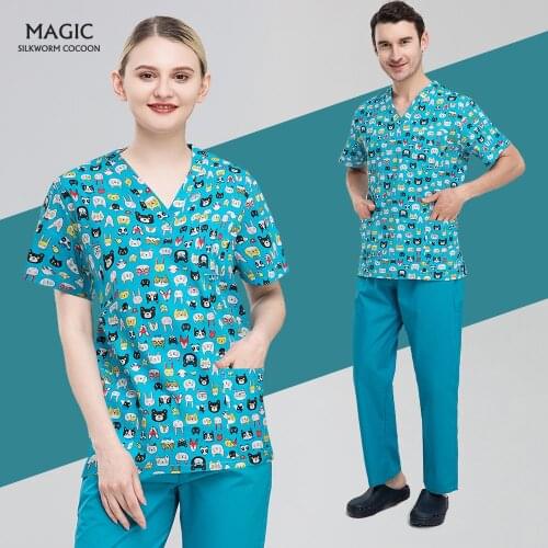 Unisex Scrub Short Sleeve V-Neck Tops Pet Grooming Scrubs Workwear Beauty Uniform Health Service Doctor Working Medical Clothes