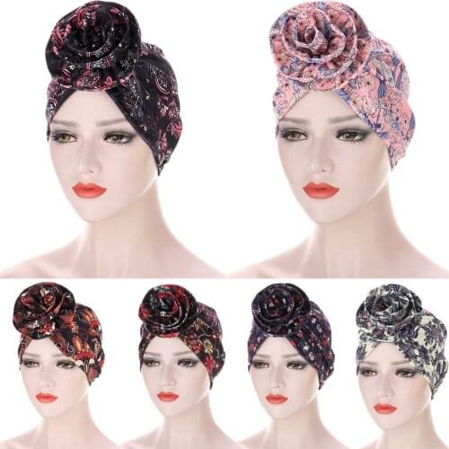 Flower Turban Indian Print Hat Headscarf Muslim Women Hijab Inner Scarf Wrap Islamic Headwear Chemo Cap Hair Loss Cover Bonnet