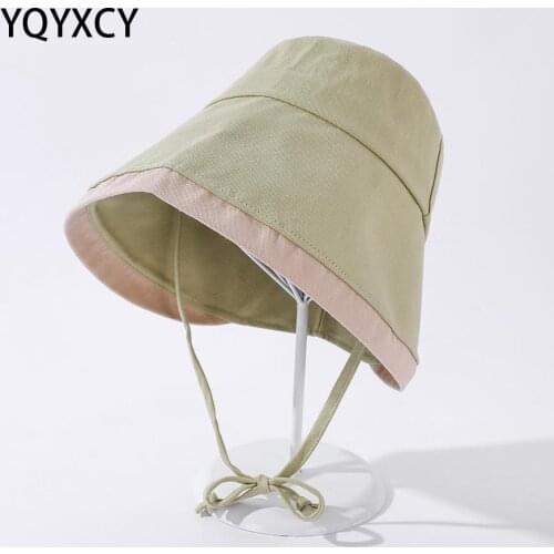 YQYXCY Bucket Hat Women Summer Spring Witch Hat Female Flat Top With Windproof Rope Sunshade Sun Hats Casual Gorro Bob Cap New