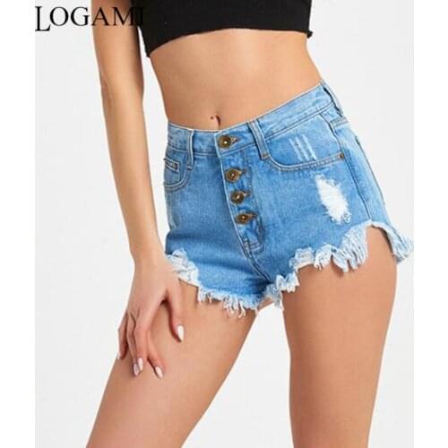 LOGAMI High Waist Button Ripped Denim Shorts Women Sexy Beach Short Jeans for Womens Casual Shorts