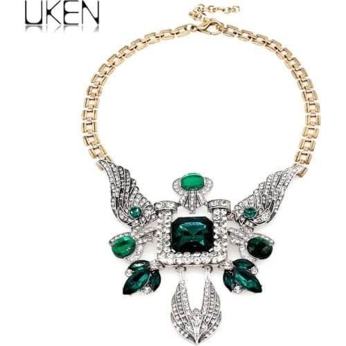 UKENWomen Rhinestones Statement Pendant Necklaces Vintage Style Glass Bead Bird Collar Chokers Maxi Necklaces collier femme