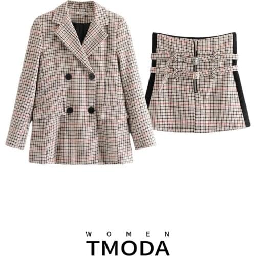 TMODA750 Suit Women 2021 Autumn Winter New Fashion Plaid Blazer Suit Jacket + Plaid Skirt Hakama Two-piece Sets British Style
