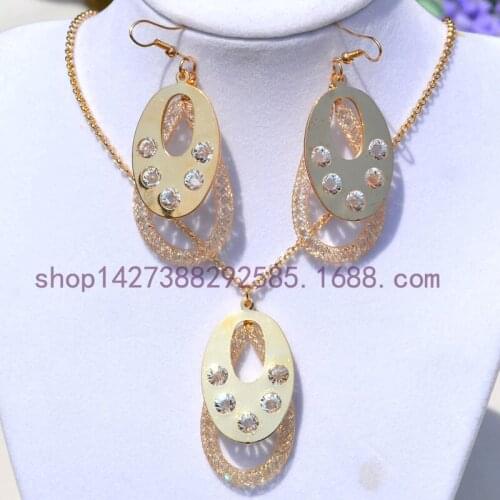 New Style High Quality Crystal Jewelry Sets Copper Hallow Necklace And Earring Pure Gold Color Fashion Jewelry For Women