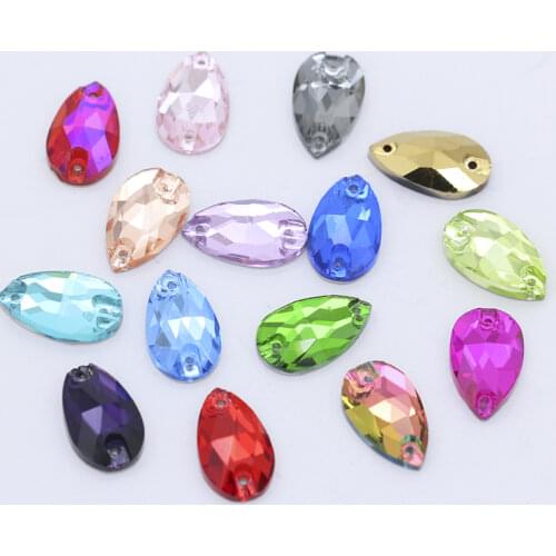 12p 17x28mm Teardrop sew on fancy crystal glass stones silver flatback rhinestones 2-Holes stone For Dress making