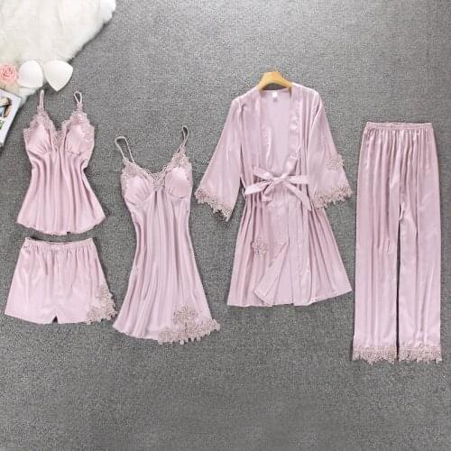 Women Pajamas 5/4/2/1 Pieces Satin Sleepwear Pijama Silk Home Wear Home Clothing Embroidery Sleep Lounge Pyjama with Chest Pads