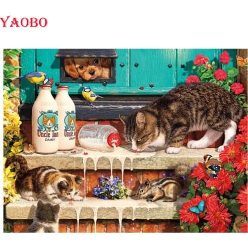 Yao bo Full Square/Round Diamond Painting 5D DIY Cute Kitten Drinking Milk Full Kit Diamond Embroidery Mosaic Home Decoration