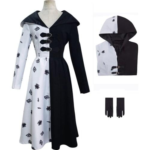 Anime Cruella De Vil Cosplay Costume Movie Gown Black White Maid Dress with Gloves Hoodie Skirt Halloween Party For Adult Women