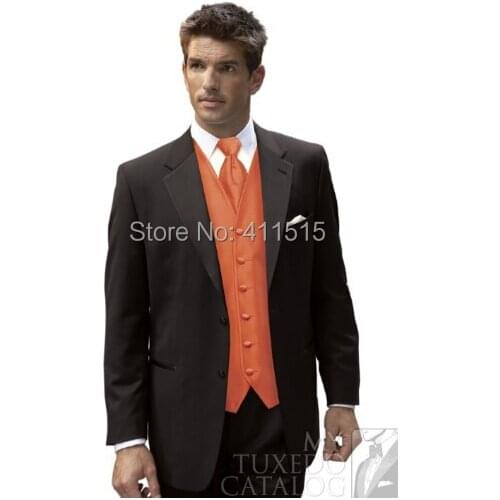 Black Suit Orange Vest Groom Tuxedos/Notch Lapel Groomsmen Men Wedding Suits/business vest suits (Jacket+Pants+Tie+Vest)