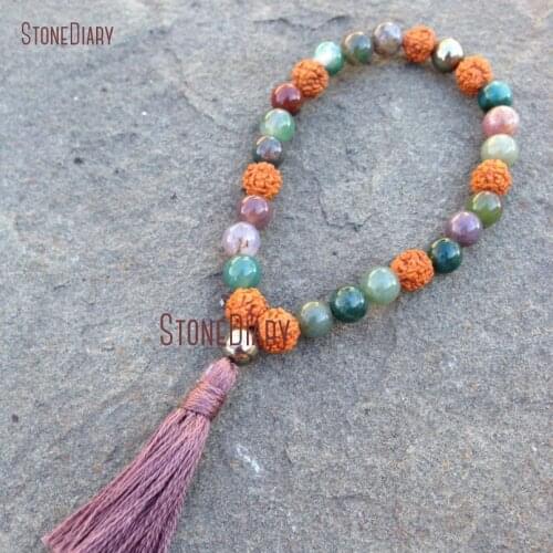 Elegant Purple Tassel Charm Rudraksha & Pyrite27 Bead Bracelet Fancy Jaspers Earthy Bohemian Mala Beaded Bracelet BM11039