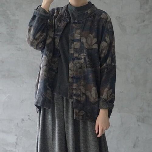Johnature New Retro Plate Buckle Floral Print Cotton Linen Overcoat 2021 Autumn Winter Loose Comfortable Long Sleeve Women Coat