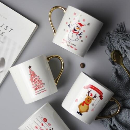 Coffee Cup Christma Santa Claus Pattern Ceramic Coffee Mug With Gold Handle Gifts Porcelain Tea Milk Cup