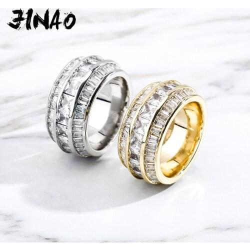 JINAO Square Cubic Zirconia Stones Rings Iced Out Micro Pave Cool Men Women Couple Gold Color Rings Hip Hop Jewelry Gift