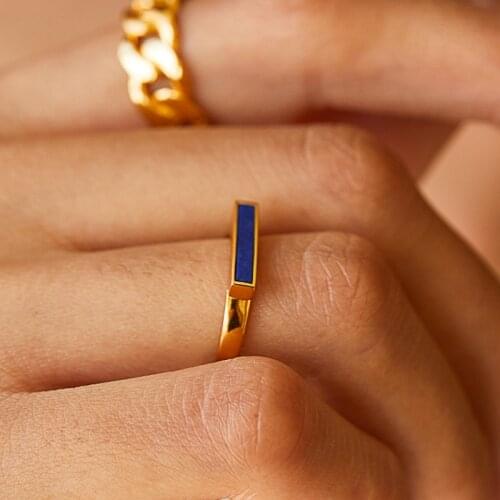 703FORTUNE New product S925 silver ring rectangular inlaid natural lapis lazuli 18K plated simple ring for women