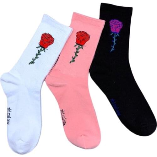 Rose pattern men and women socks ins Europe and America cute personality hip hop street hip hop pink white black style