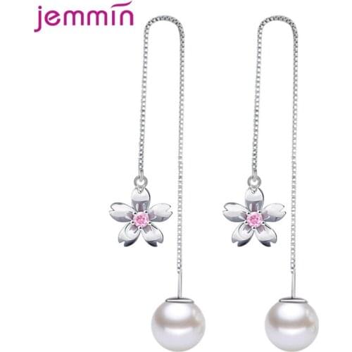 New Statement Korean Flower Faux Pearl Eardrop Crystal 925 Sterling Silver Drop Earrings For Women Long Design Wedding Jewelry