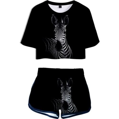 New Listing 3D Printed Animal zebra Exposed Navel T-shirt +shorts womens two-piece Sets Casual Girls Summer Black Suits