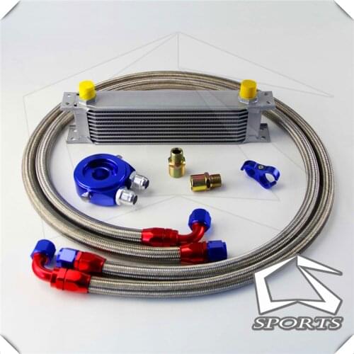 10 Row 248mm AN10 Universal Engine Transmission Oil Cooler British Type + Aluminum Filter Hose End Kit Blue