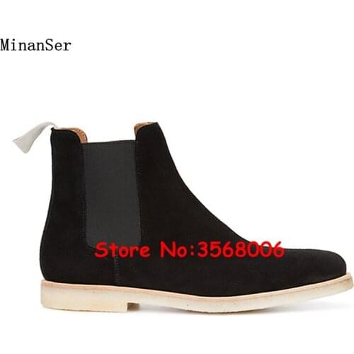 High End Thick Bottom Mens Flats Ankle Boots Round Toe Cow Suede Man Slip-on Stretch Chelsea Boots Shoes Wholesale High Top