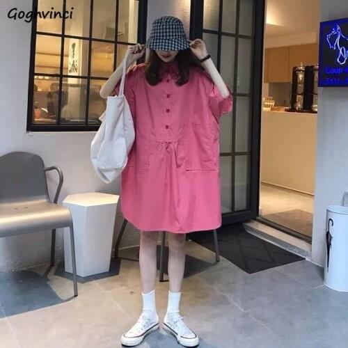 Women Short Sleeve Cotton Cozy Dress Solid Simple Buttons Wide Waist Baggy 2XL Straight Slim All-match Students Leisure Ulzzang