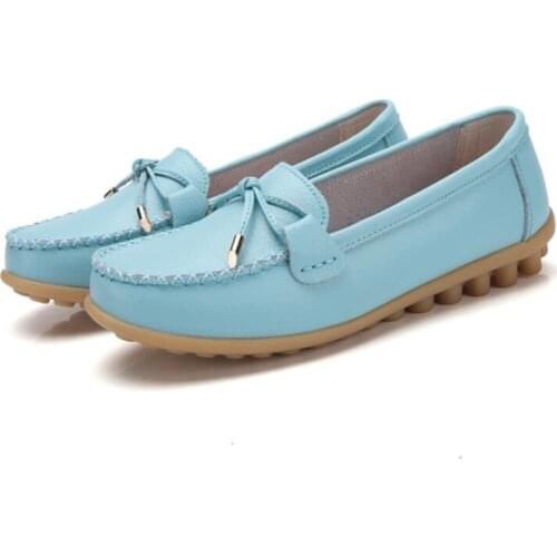 2019 Flats Woman Cow Leather Flats Women Slip On Bow Womens Loafers Metal Decoration Large Size 35-44