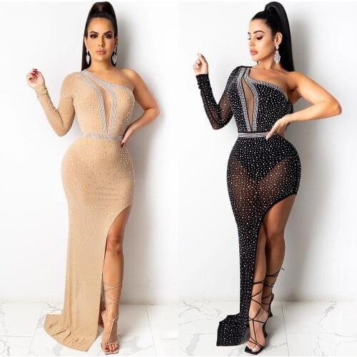 One Shoulder Sexy Long Party Dress With All Over Faux Diamonds Night Club Wear Women High Slit Long Sleeve Dress Elegant Clothes