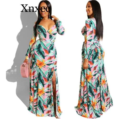 Women V Neck Sexy Long Sleeve Print Dress High Split Sexy Elegant Summer Dress Ladies Vestidos V Neck floral beach boho