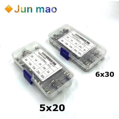 100Pcs/Set 5x20/6x30mm Quick Blow Glass Tube Fuse Assorted Kits,Fast-blow Glass Fuses 0.5A 1A 2A 3A 5A 8A 10A 15A 20A 30A