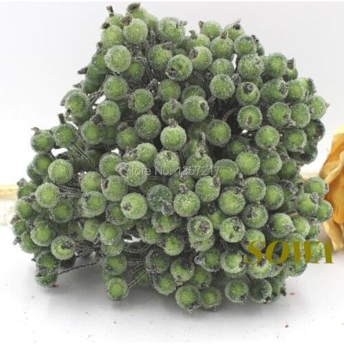 Free Shipping 200pcs heads 12mm Double Heads Sweet Green High Simulation Glass Pomegranate Strong Stem Glass Fruit Stamen