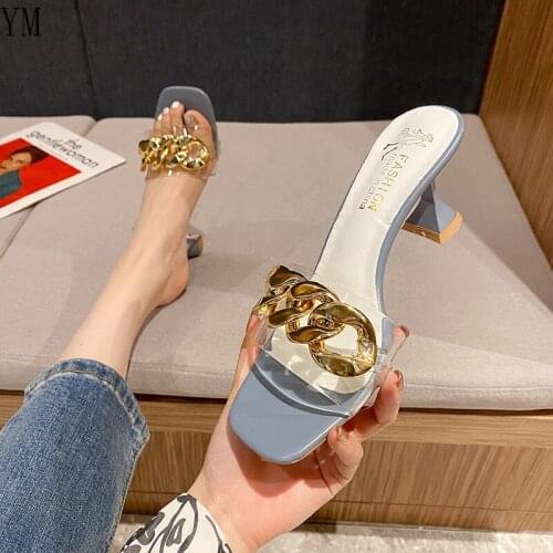 Fashion New Design Summer Ankle Strap Womens Sandals Chain Metal Sexy Thin High Heels Buckle Zapatos Transparentes De Mujer