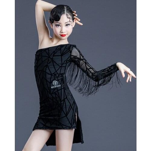 New Kids Latin Dance Dresses For Girls Oblique Shoulder One-Sleeve Black Fringe Dress Practice Wear Latin Dance Clothes VDB3314