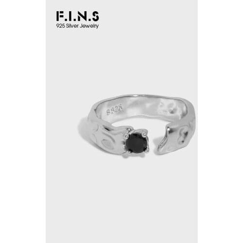 F.I.N.S Genuine 925 Sterling Silver Uneven Surface Open Finger Rings for Women Black CZ Adjustable Rings Fine Jewelry Bijoux