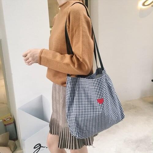 Women Canvas Shoulder Bag Black White Plaid Red Heart Deer Embroidery Ladies Shopping Bag Handbags Totes Cotton Cloth Beach Bags