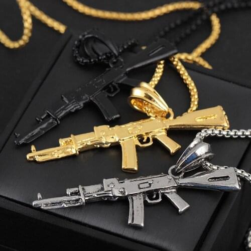 Refined Stylish Hip Hop Iced Out Golden Silveryy Color Alloy AK 47 Gun Pendants Necklace For Men Rapper Jewelry Wholesale