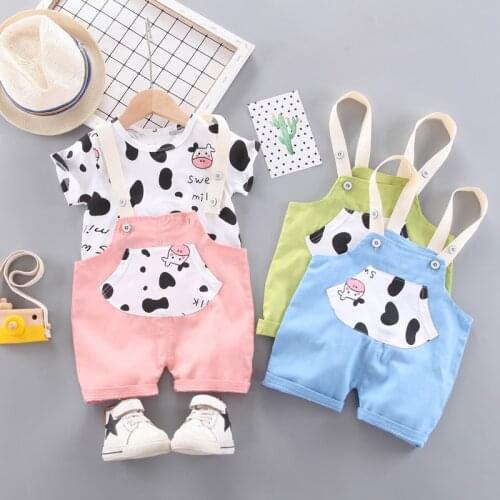 Kids Clothes Toddler Baby Boys/Girls Clothing Set Children 2021 Summer Cartoon Cow Kids Tops+Suspenders Shorts Infantil 2pc/Suit