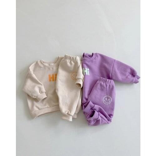 Korean Kids Cotton Tracksuits Baby Girls Boys Smiling Face Clothing Sets Children Fashion Sweatshirt+Pants 2pcs Clothes Sets