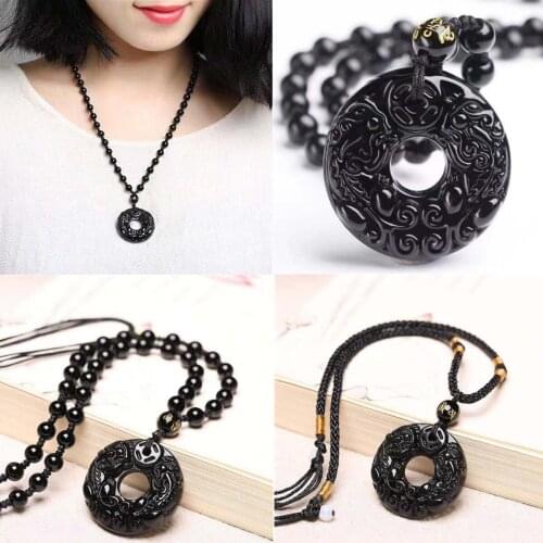 Fashion Natural Black Obsidian Pi Xiu Peace Buckle Unisex Pendant Necklace Gift