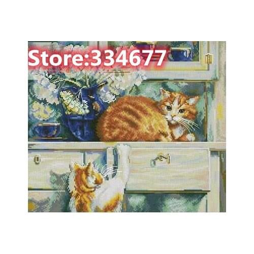 Cat on the Table Sewing kit Top Quality Embroidery Needlework 14CT Unprinted Art Cross Stitch Kits DIY Handmade Decor