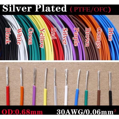 OD 0.68mm 30AWG PTFE Silver Plated Wire Insulated High Temperature Soft Electron Cable OFC Copper DIY Headphone Single Line