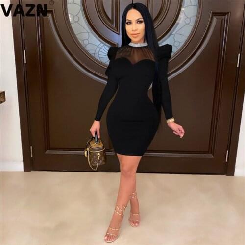 VAZN New 2020 Sexy Club Birthday Shinny Bandage Dress Full Sleeve Sheath Dresses Solid Elegant Mini Dress