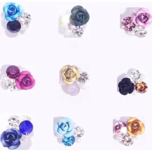 10Pcs/Lot 3D Alloy Nail Art Rhinestone Resin Flower Design Pearl With Crystal Rhinestones Studs Supplies DIY Gem Decoration J3