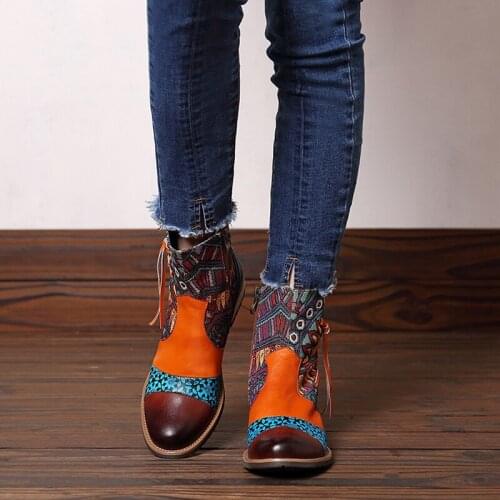 Embossed PU Leather Splicing Fancy Pattern Lace Up Zipper Flat Short Boots Ladies Shoes Women Winter New 2021 Shoes
