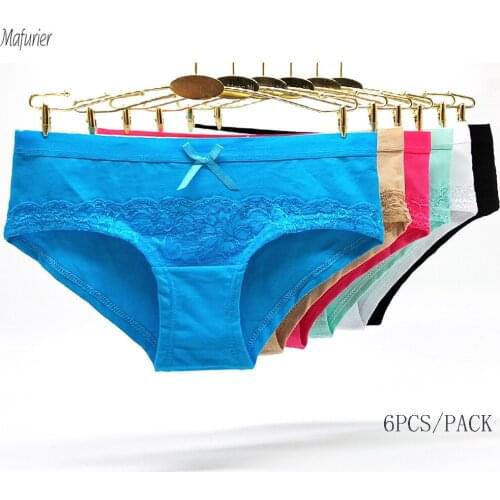 Mafurier Free Shipping Women New Sexy Underwear Female Cotton Panties Lady Soft Briefs Lace Knickers Lingerie For Women 6Pcs/Lot