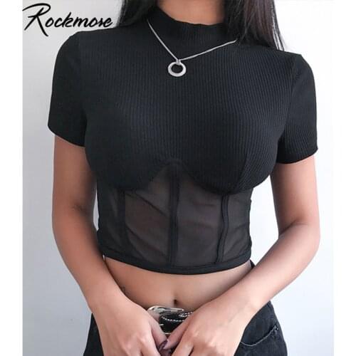 Rockmore Black Ribbed Patchwork Shirt Women Harajuku Long Sleeve Mesh Hollow Out Crop Top Skinny Tees Tshirt Femme Basic T-Shirt