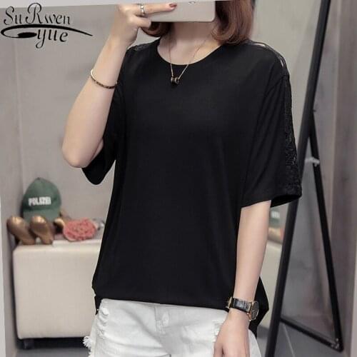 Korean Style Plus Size Women4XL Cotton T-shirt Woman Short Sleeve O-Neck Solid Lace T-shirt Womens Loose Commuter Short 9015 50