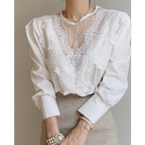 2 Colors New Autumn Elegant Fashion Women Shirt Sexy Mesh Lace Shirts Female Vintage Bubble Sleeve Blouse Tops Mujer